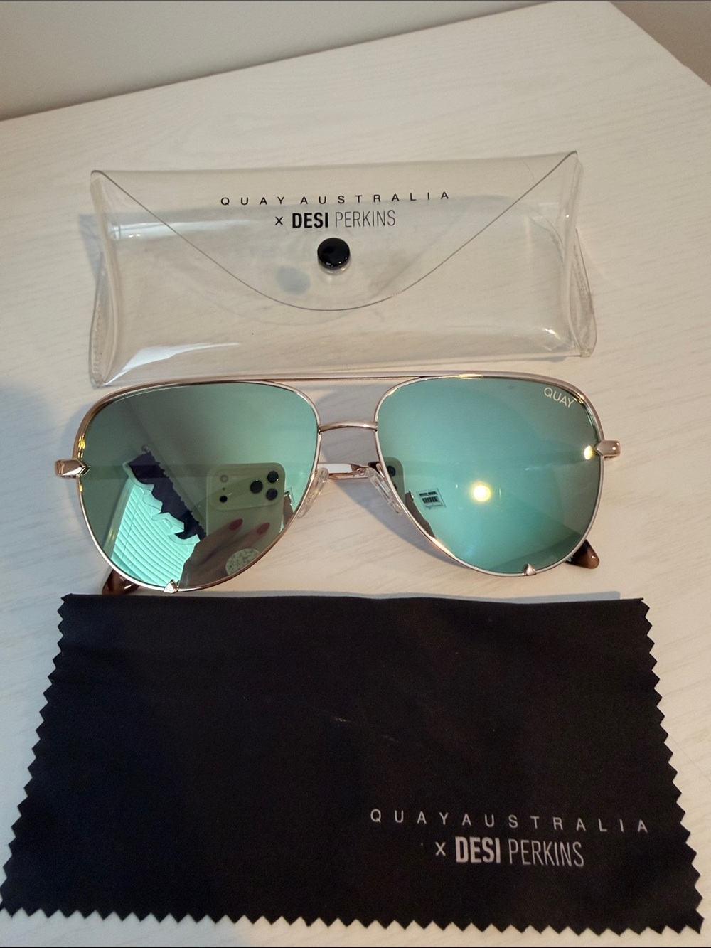 Quay Australia Aviator Sunglasses with Green Mirrored Lenses and Gold Frame